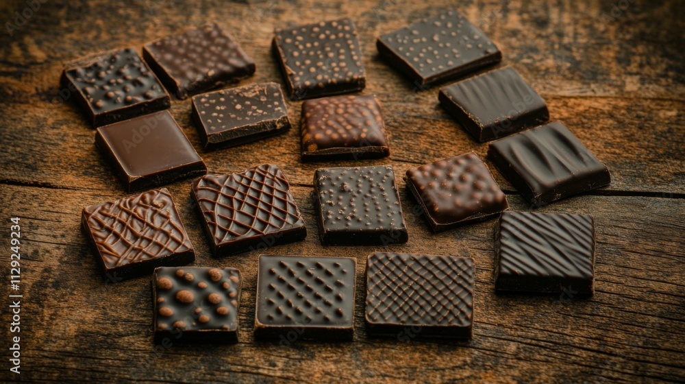 Assorted Handmade Dark Chocolate Squares on Rustic Wooden Table Assorted Handmade Dark Chocolate Squares on Rustic Wooden Table
