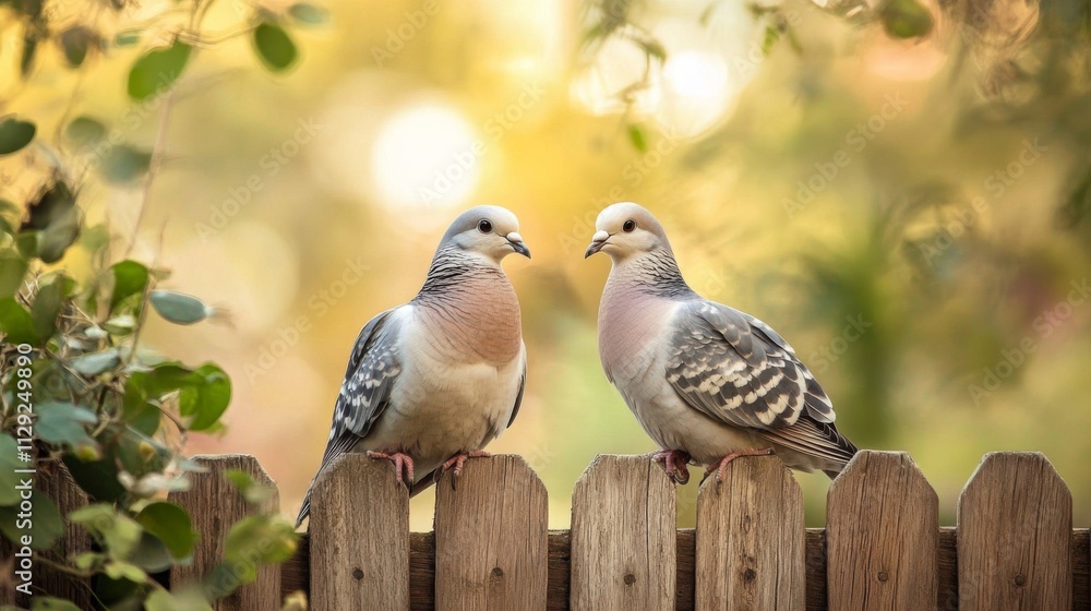 Two Beautiful Pigeons Perched on Rustic Wooden Fence Amid Nature Two Beautiful Pigeons Perched on Rustic Wooden Fence Amid Nature