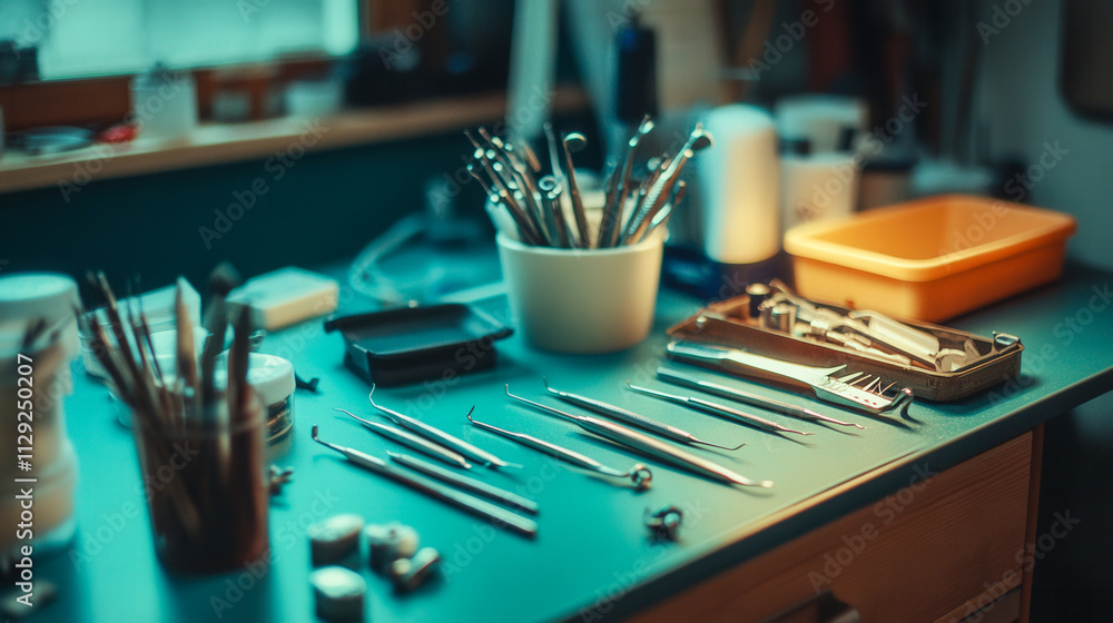 Dentist tools neatly arranged on a sterile tray Dentist tools neatly arranged on a sterile tray