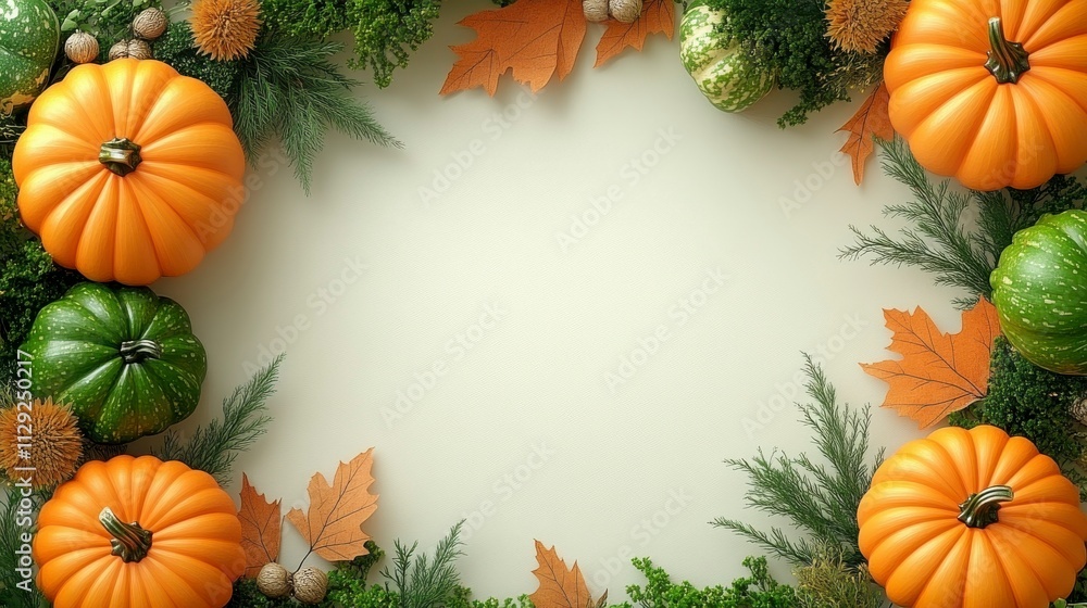 Obraz premium Festive fall background featuring orange pumpkins with fall leaves and dried flowers arranged in a circular pattern on a neutral backdrop