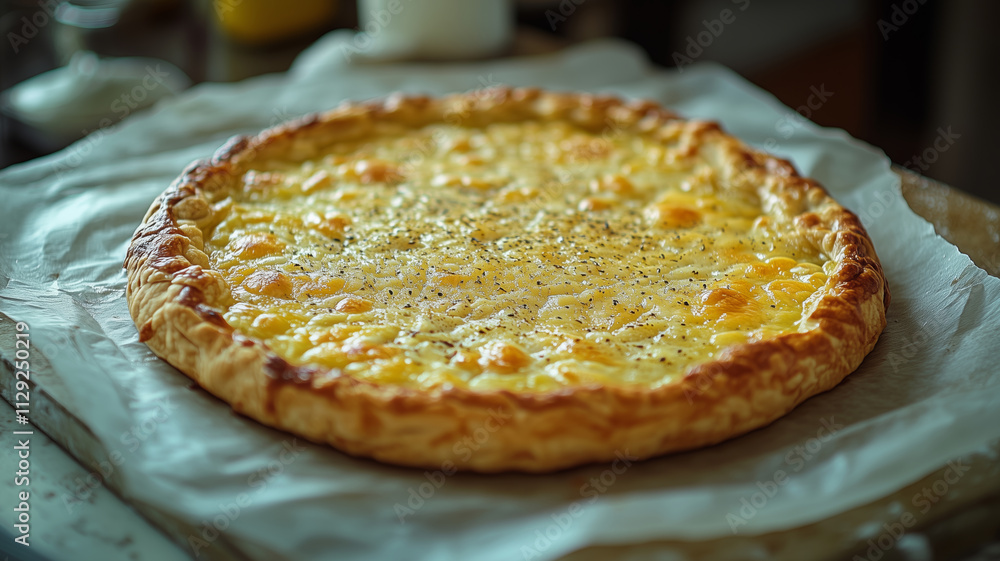 Freshly baked galette nestled on parchment paper in a cozy kitchen setting Freshly baked galette nestled on parchment paper in a cozy kitchen setting
