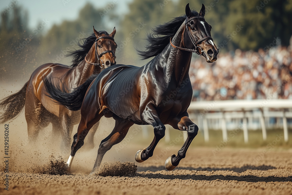 Majestic black colt charging forward in a thrilling race at sunset Majestic black colt charging forward in a thrilling race at sunset