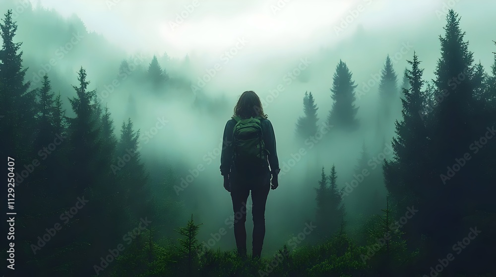 A woman stands in a forest with a backpack on A woman stands in a forest with a backpack on