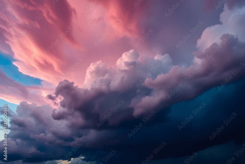 Obraz premium Dreamy Skies: A symphony of colors paints the canvas of the sky as fluffy clouds dance across the horizon, casting an ethereal glow on the world below.