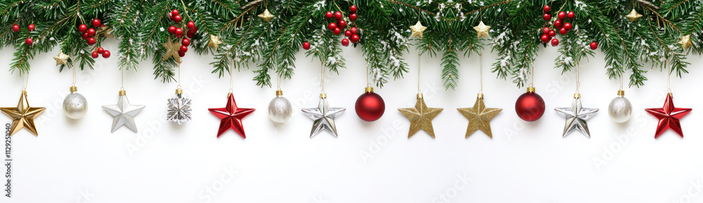 christmas festive holiday decoration with a border of pine branches, red berries, and various Christmas ornaments in red, white, and silver hues. The decorations hang from the top, l christmas festive holiday decoration with a border of pine branches, red berries, and various Christmas ornaments in red, white, and silver hues. The decorations hang from the top, l