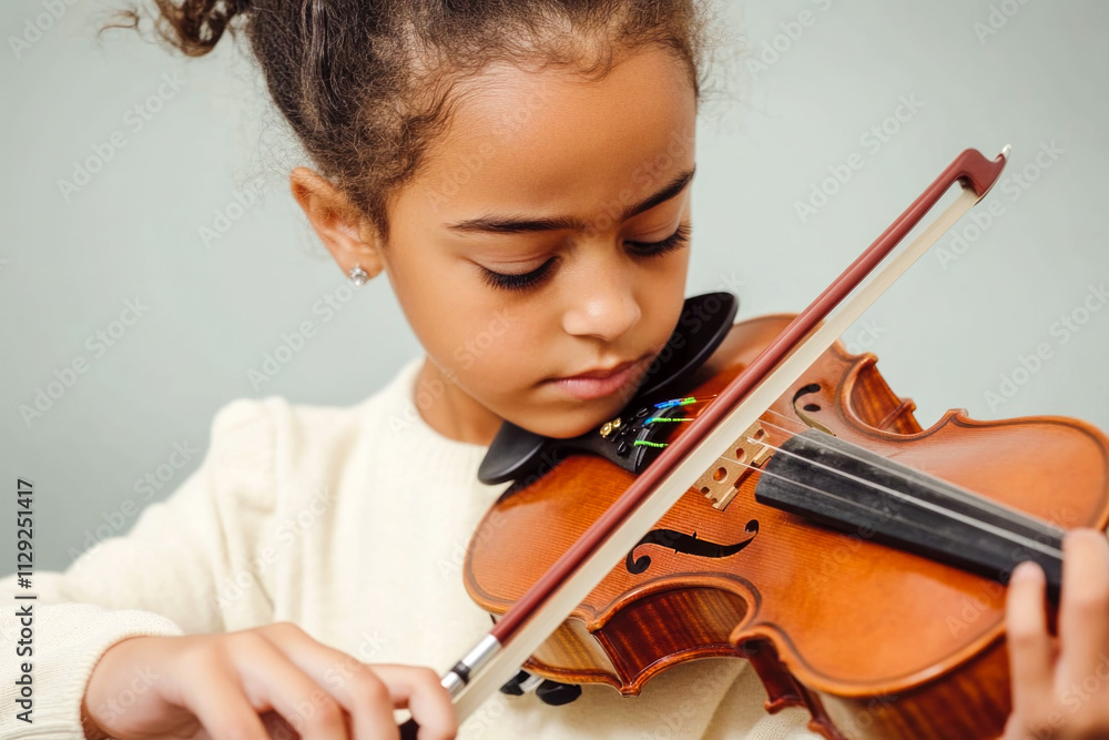 Young african female child focused on playing violin Young african female child focused on playing violin