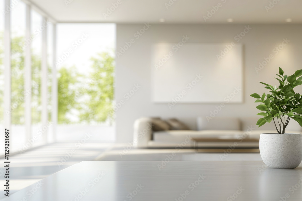 Fototapeta premium Modern minimalist living room with large windows and greenery