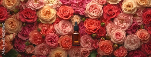 Rose essential oil in a bottle. Selective focus.