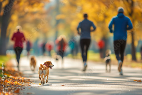 Autumn park scene with joggers and dogs on a sunny day photo