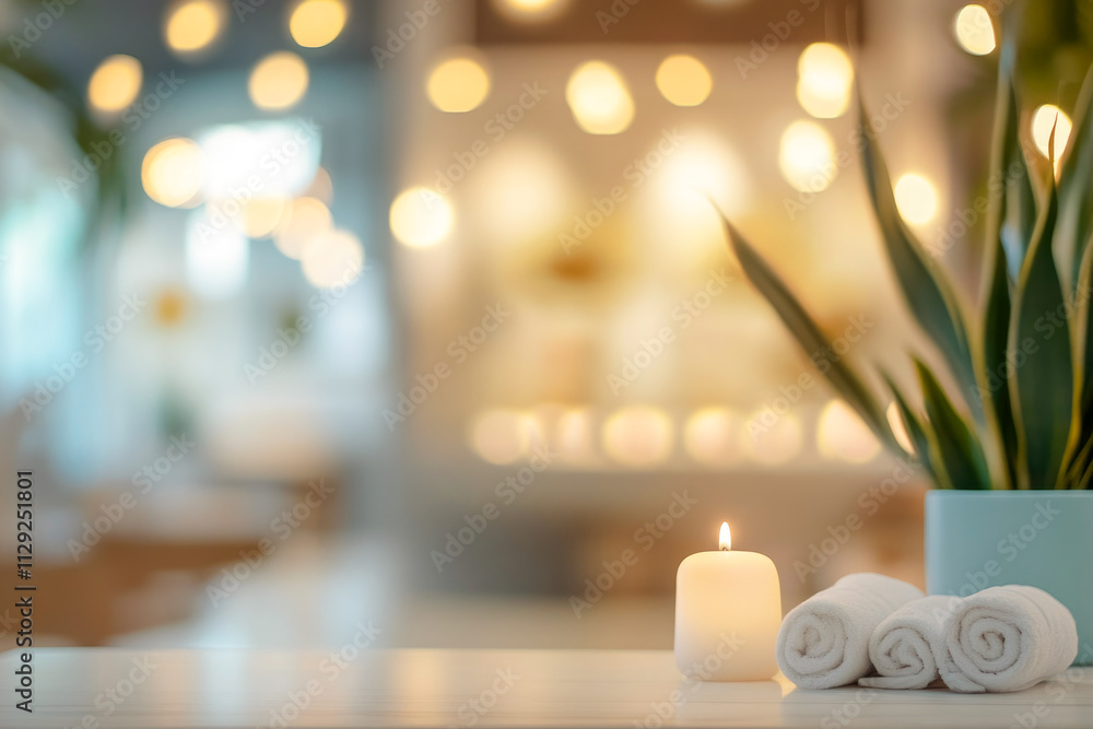 Relaxing spa ambiance with candlelight and towels in serene setting Relaxing spa ambiance with candlelight and towels in serene setting