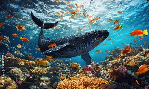 A majestic whale swims gracefully among vibrant coral reefs and colorful fish in a clear ocean environment.