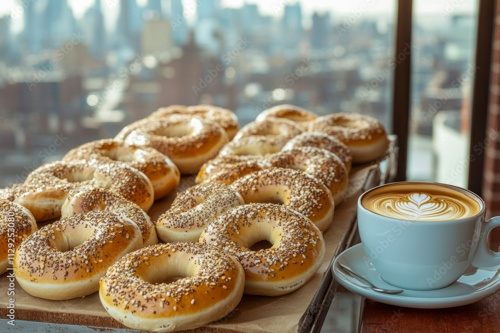 Assorted fresh bagels with latte and city skyline in background Assorted fresh bagels with latte and city skyline in background