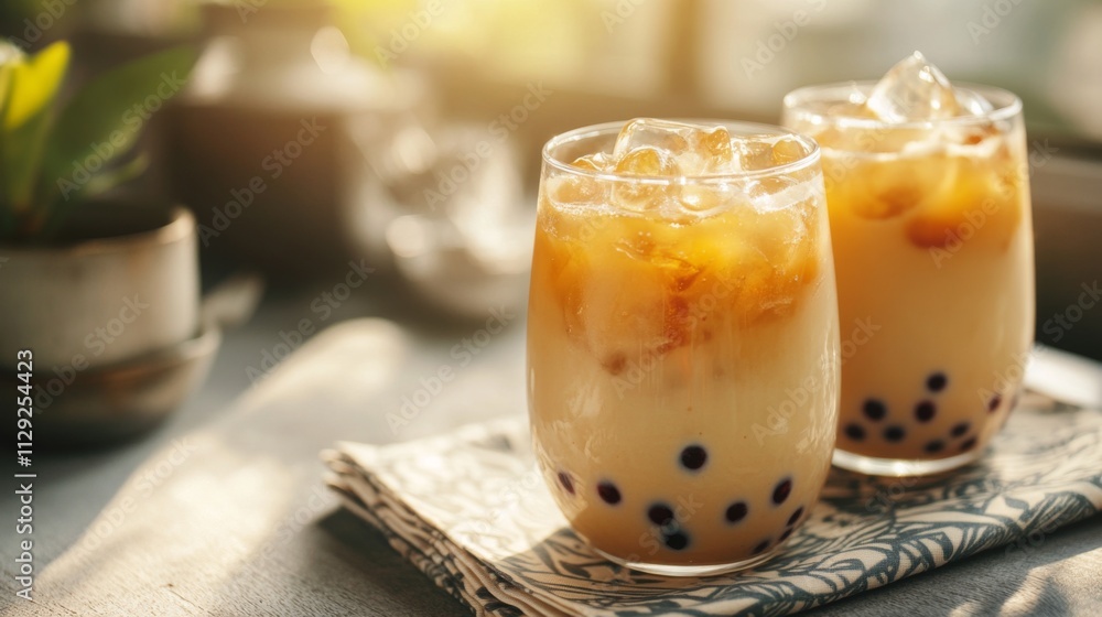 Refreshing Iced Bubble Tea with Tapioca Pearls in Glass Cups Refreshing Iced Bubble Tea with Tapioca Pearls in Glass Cups