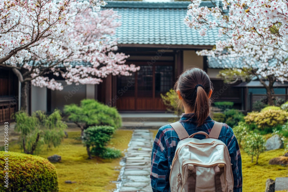 Asian female young adult exploring traditional japanese garden in spring Asian female young adult exploring traditional japanese garden in spring