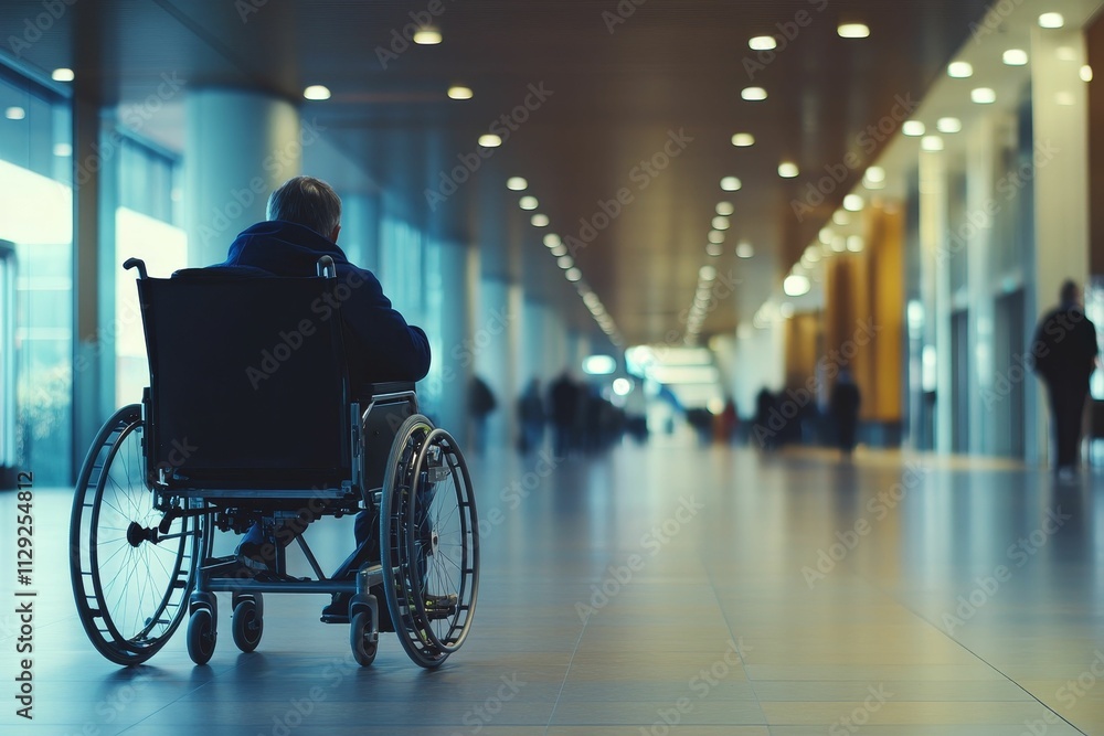 Person in wheelchair, large hall, distant figures. Person in wheelchair, large hall, distant figures.