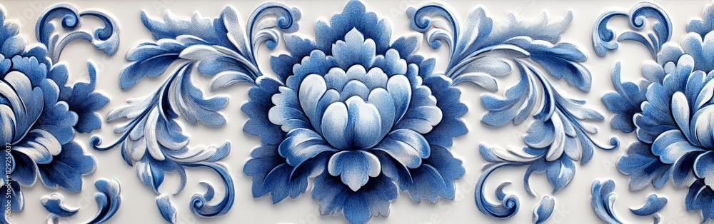 Blue and white floral Baroque-style pattern with intricate design Blue and white floral Baroque-style pattern with intricate design