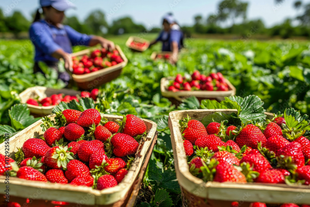 Asian female workers harvesting strawberries in lush green fields Asian female workers harvesting strawberries in lush green fields