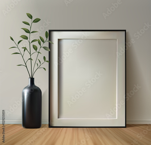 3d realistic vector icon illustration. Black picture frame on the wooden floor with plant in a vase.