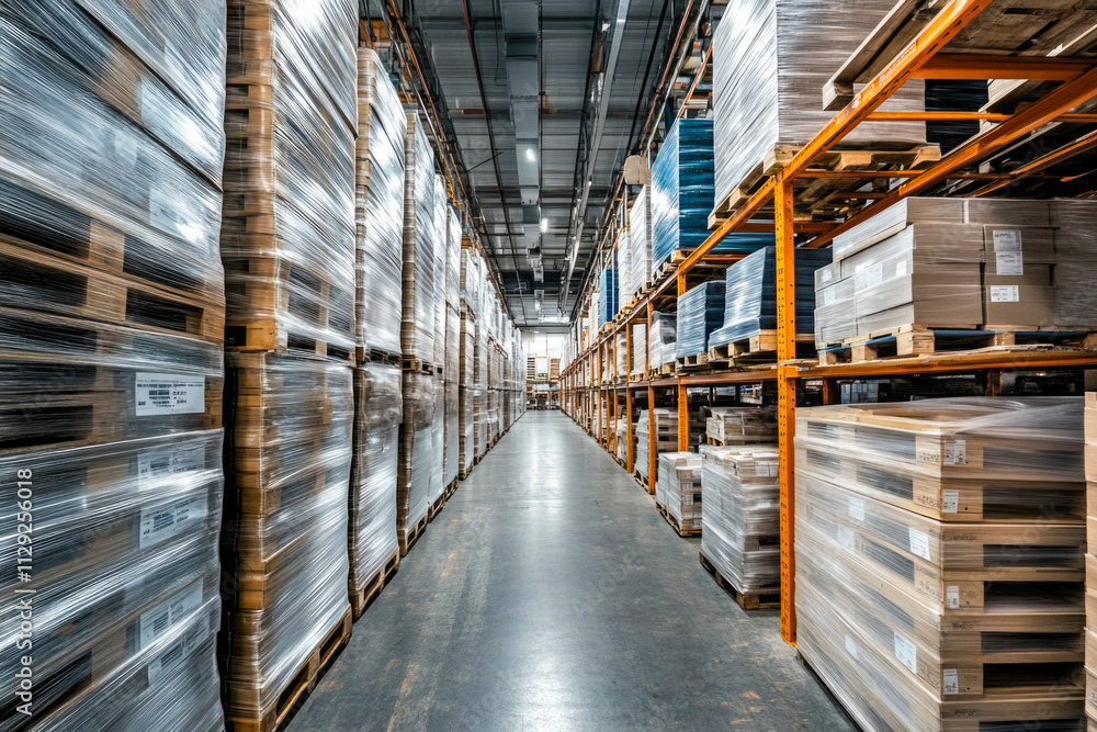 Warehouse aisle with stacked pallets in industrial storage facility Warehouse aisle with stacked pallets in industrial storage facility