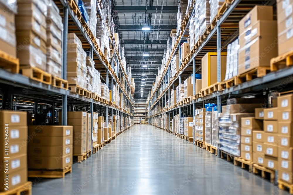 Expansive warehouse aisle with stacked cardboard boxes on high shelves Expansive warehouse aisle with stacked cardboard boxes on high shelves