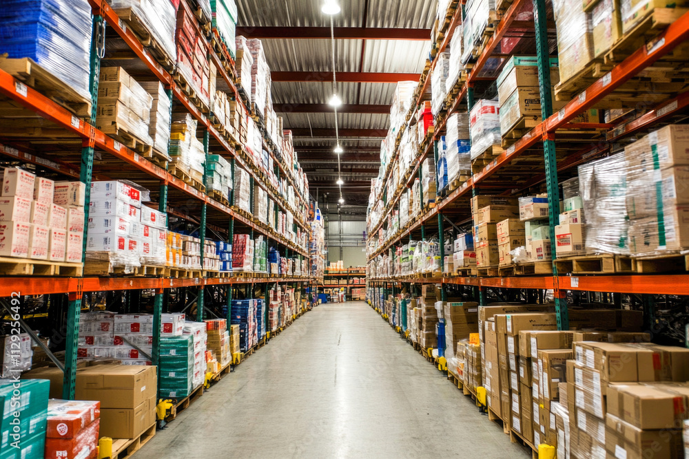 Fototapeta premium Spacious warehouse interior with stacked shelves and cartons