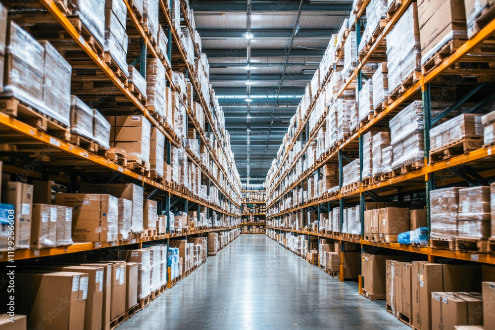 Expansive warehouse interior with stacked boxes and high shelving Expansive warehouse interior with stacked boxes and high shelving