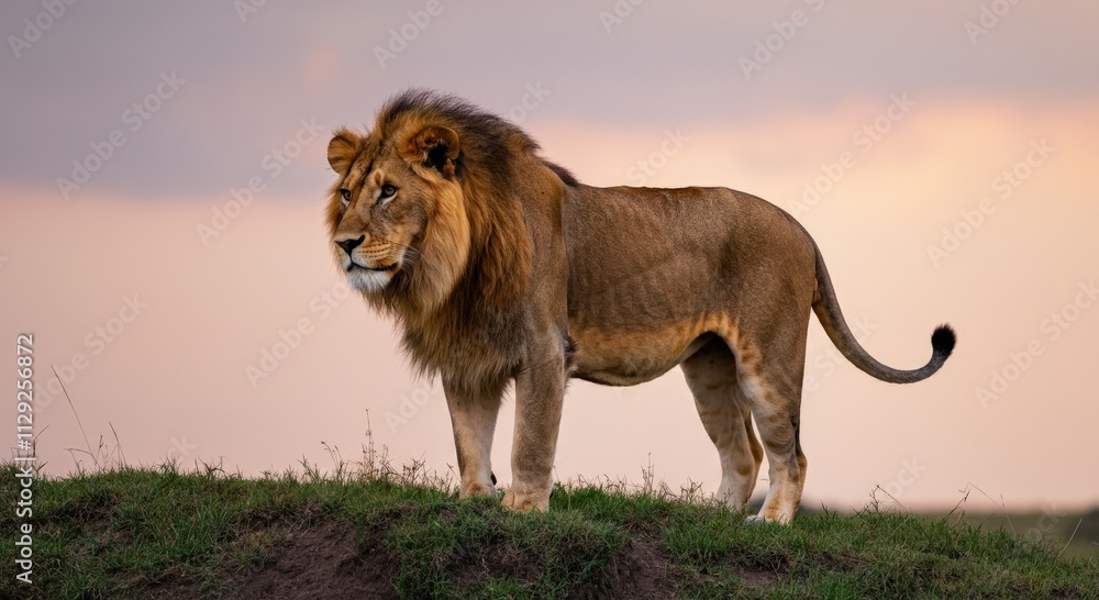 Majestic lion in african savannah at sunset Majestic lion in african savannah at sunset
