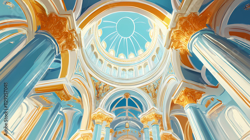 The magnificent ceiling and dome of the orthodox cathedral. action. bottom view of the church interior, concept of religion and architecture. Basilica. Illustration