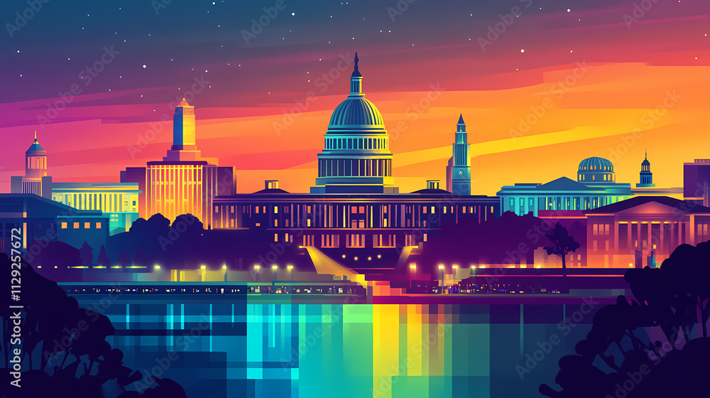 Washington city buildings with simple shapes, bright colors, gradient colors, light colors, bright tones, flat style. Basilica. Illustration Washington city buildings with simple shapes, bright colors, gradient colors, light colors, bright tones, flat style. Basilica. Illustration