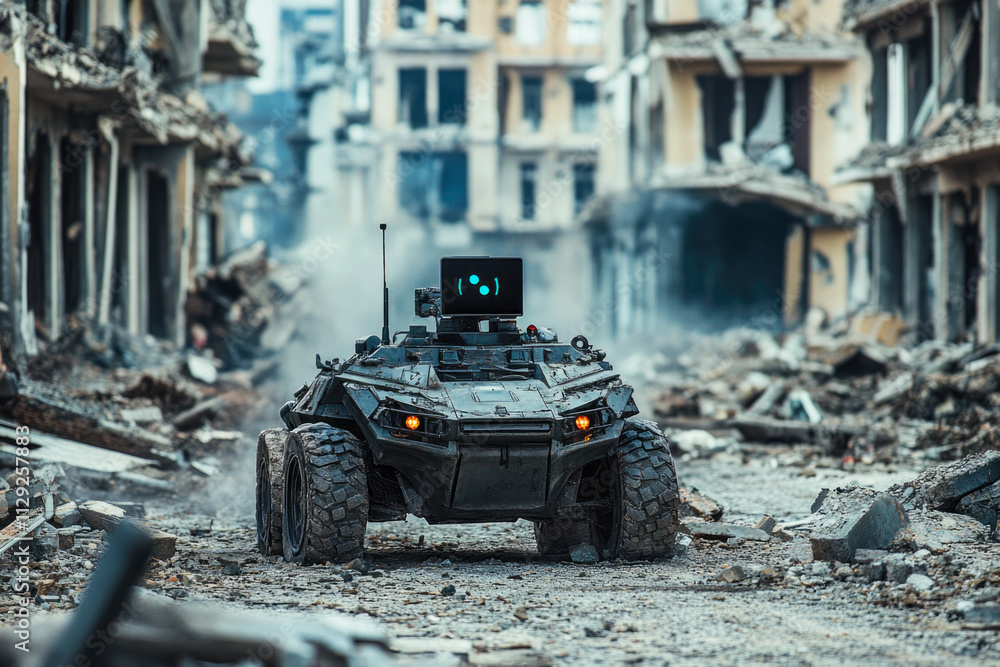 Autonomous military drone navigating war-torn urban landscape Autonomous military drone navigating war-torn urban landscape