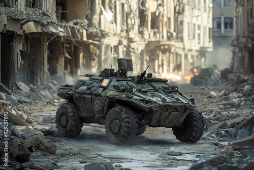 Armored military vehicle navigating urban wartime ruins