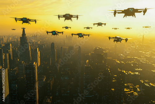 Futuristic drones swarming over a cityscape at sunset