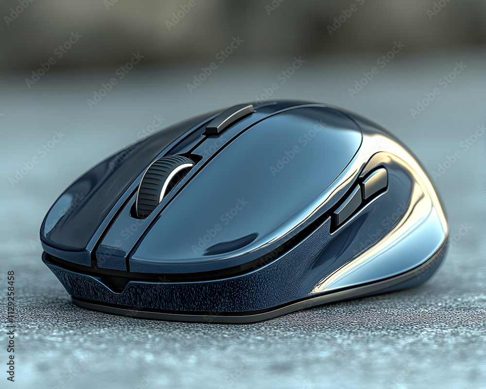 Sleek dark blue wireless computer mouse on grey surface. Sleek dark blue wireless computer mouse on grey surface.