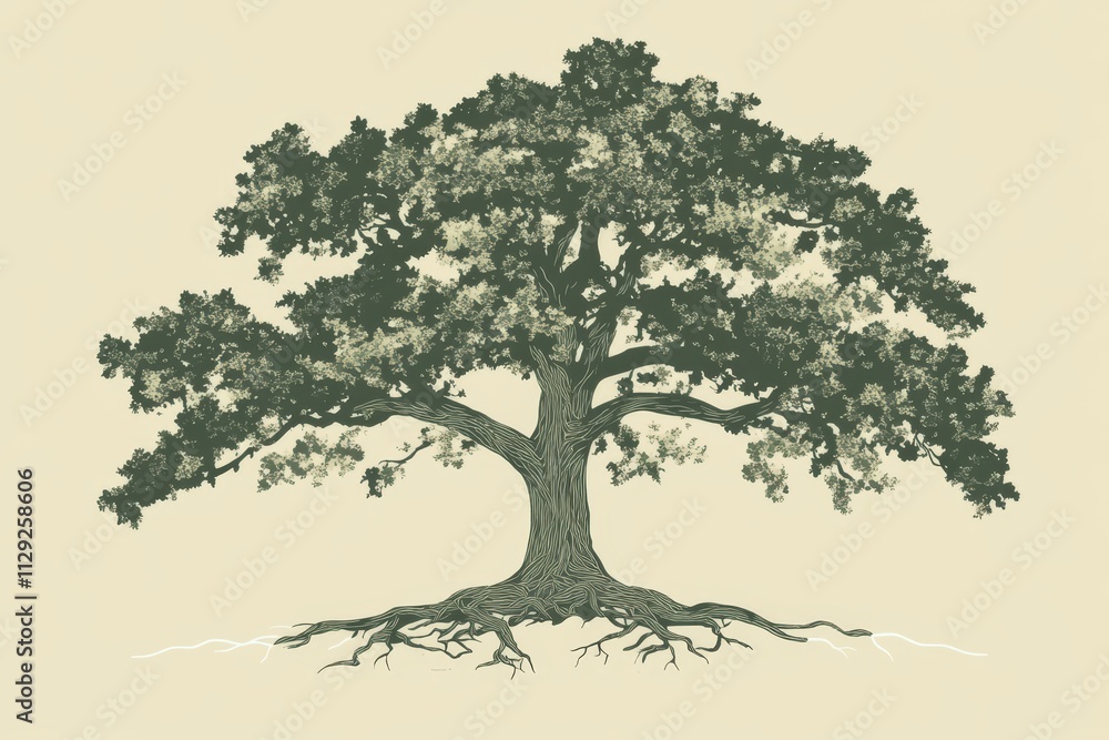 custom made wallpaper toronto digitalLarge, detailed illustration of a majestic oak tree with exposed roots against a muted beige background.