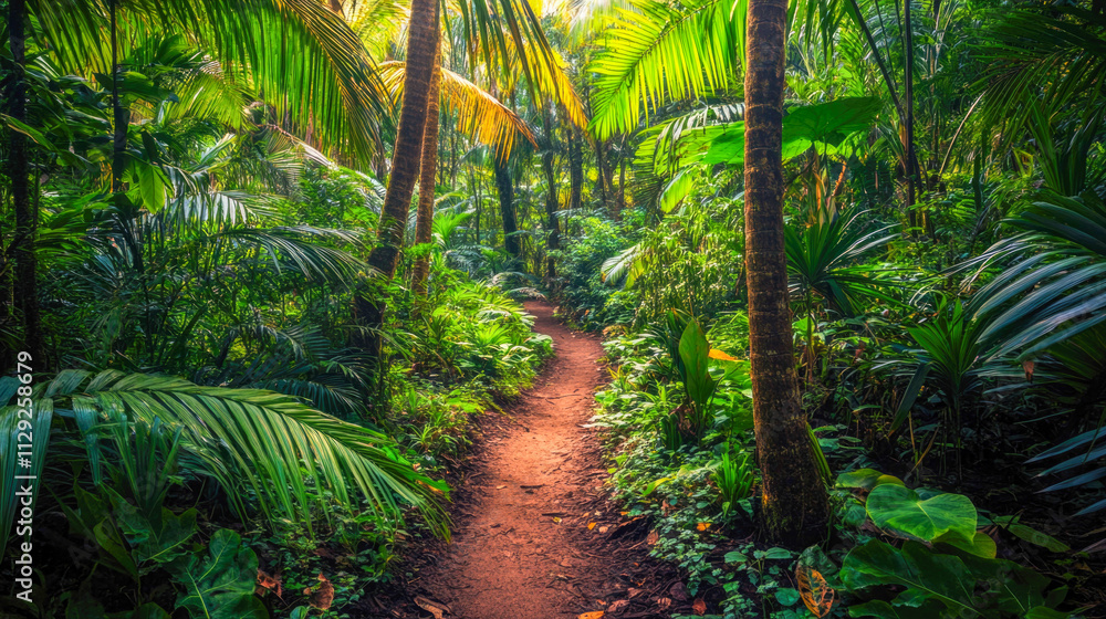 Obraz premium Lush tropical forest pathway with sunlit palms and dense vegetation