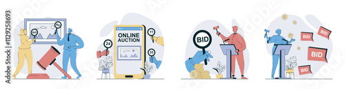 Auction concept set in flat design for web. Collection with people bidding and buying pictures in frame at exhibition and arts at online auction, trader using gavel. Vector illustrations.