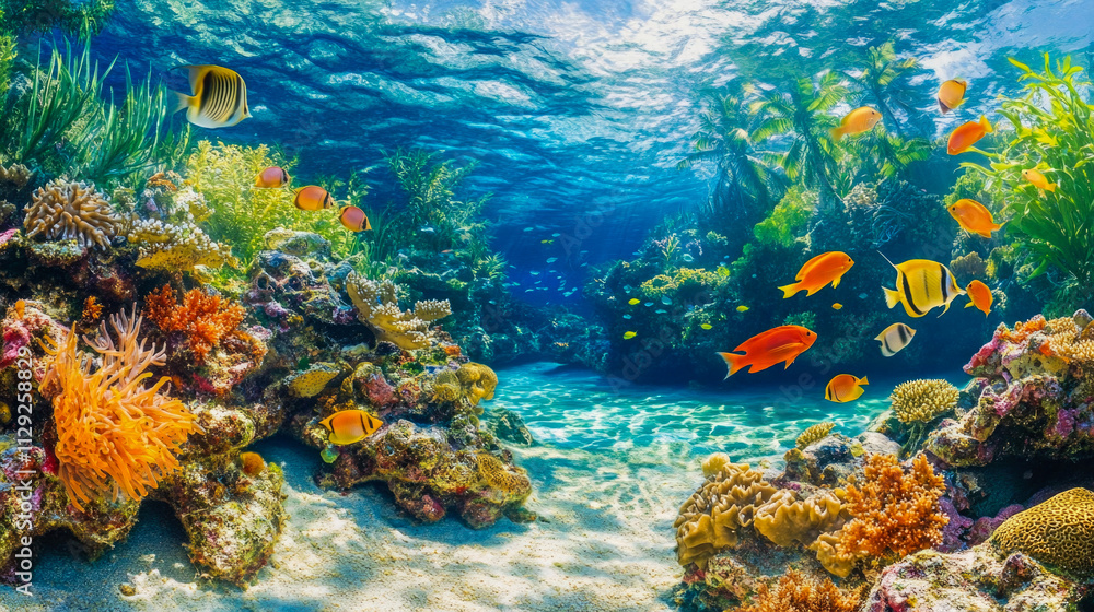 Naklejka premium Vibrant underwater coral reef scene with colorful tropical fish