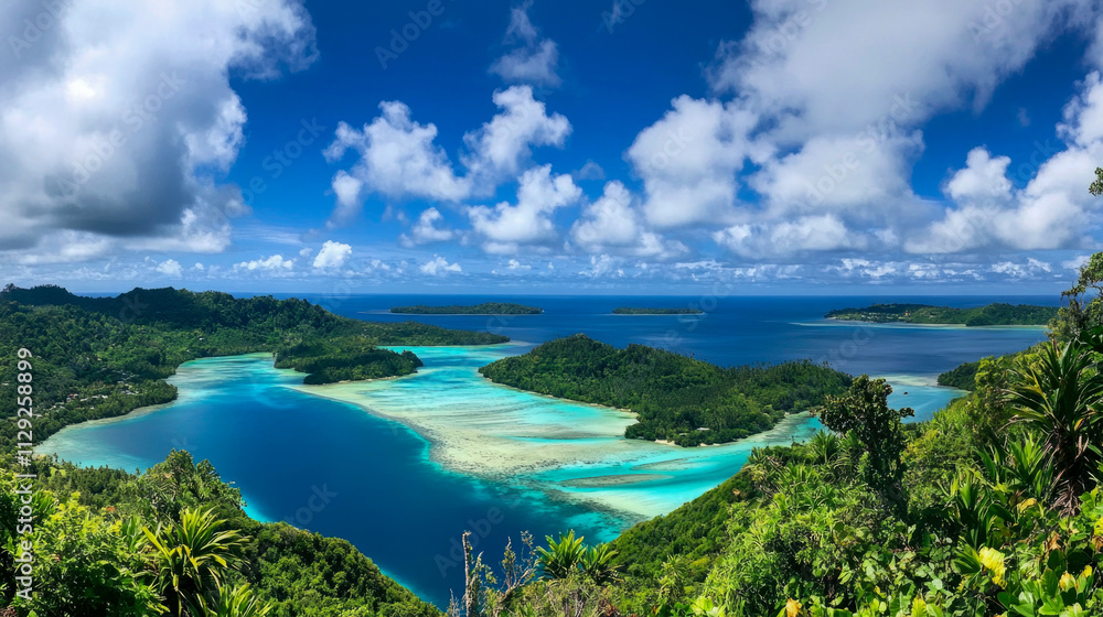 Fototapeta premium Scenic tropical island landscape with lush greenery and vibrant blue waters