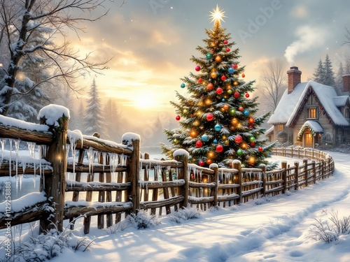 Wallpaper Mural Winter wonderland with a festive tree and cozy cabin amidst a snowy landscape at dusk Torontodigital.ca