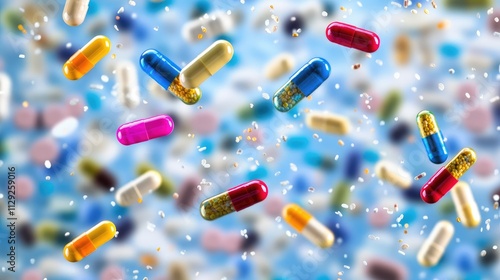 Multi-colored pills and capsules of drugs flying in all directions