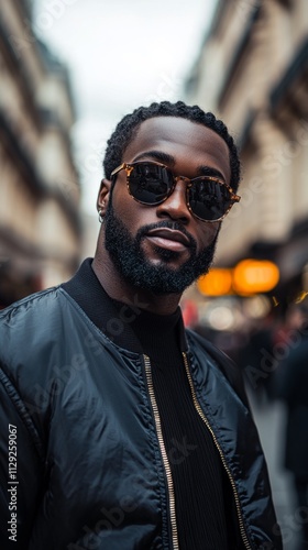 A handsome Black man stands confidently in the middle of a lively street, wearing dark sunglasses and a sleek jacket photo