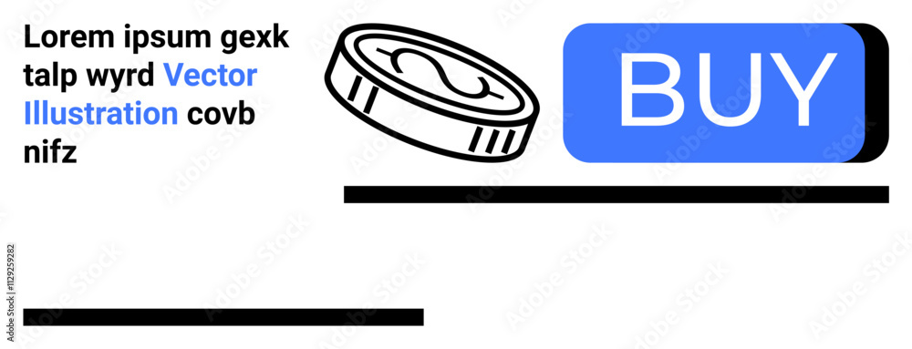 Coin graphic and Buy button in a modern, minimalistic design. Black text with blue highlighted Vector Illustration. Ideal for e-commerce, online shopping, transactions, digital currency, vector Coin graphic and Buy button in a modern, minimalistic design. Black text with blue highlighted Vector Illustration. Ideal for e-commerce, online shopping, transactions, digital currency, vector