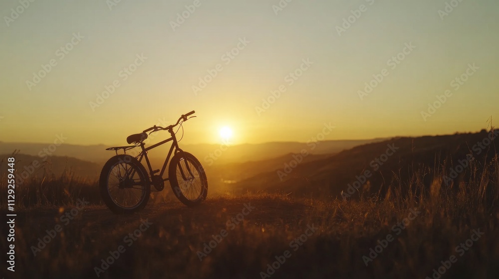 Bicycle Silhouette Against Golden Sunset Over Rolling Hills Bicycle Silhouette Against Golden Sunset Over Rolling Hills