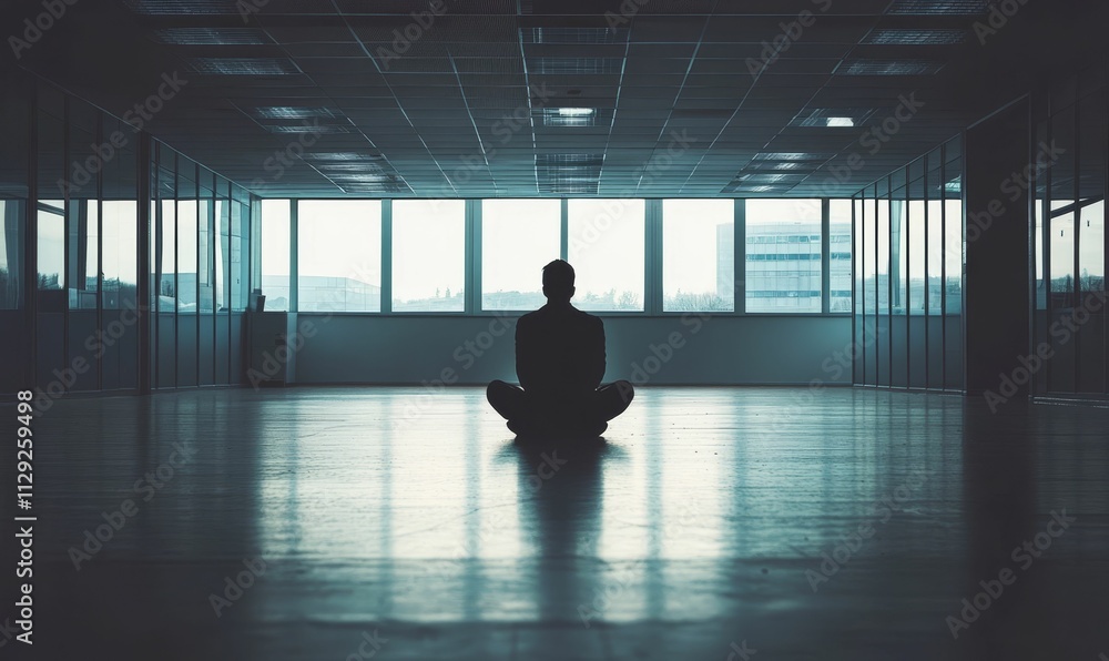 Silhouette meditates, empty office, large window. Silhouette meditates, empty office, large window.