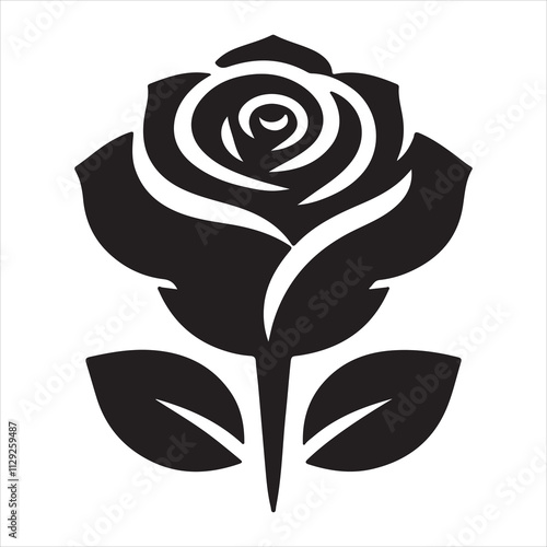 A logo in black and white with a rose in the middle
