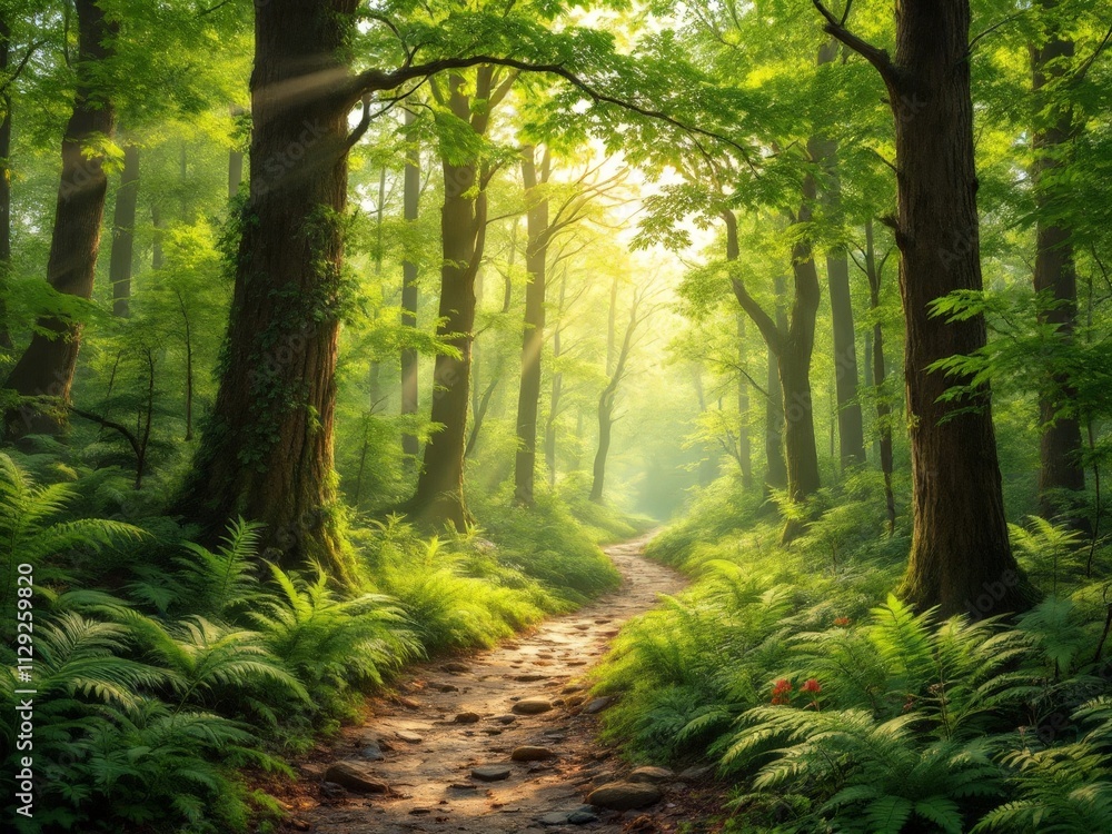 Fototapeta premium Enchanted forest pathway bathed in golden sunlight invites exploration and adventure through nature's beauty and tranquility