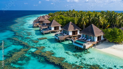 Luxury overwater bungalows with clear blue waters in tropical paradise