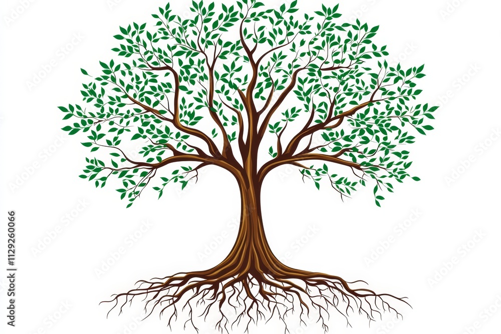 Obraz premium Lush green tree with extensive root system isolated on white background.