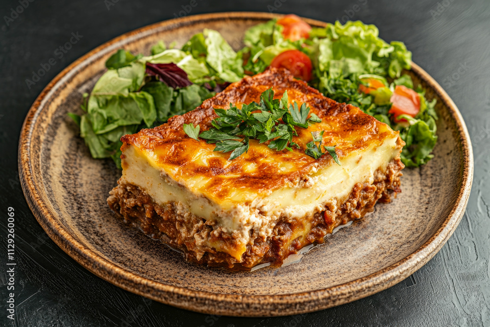 Mouthwatering beef lasagna with fresh garden salad on rustic plate Mouthwatering beef lasagna with fresh garden salad on rustic plate