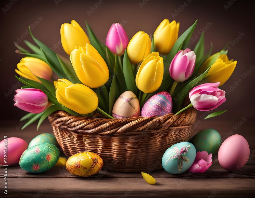 Bright yellow and pink tulips arranged with painted Easter eggs in a woven basket on a rustic wooden table Bright yellow and pink tulips arranged with painted Easter eggs in a woven basket on a rustic wooden table